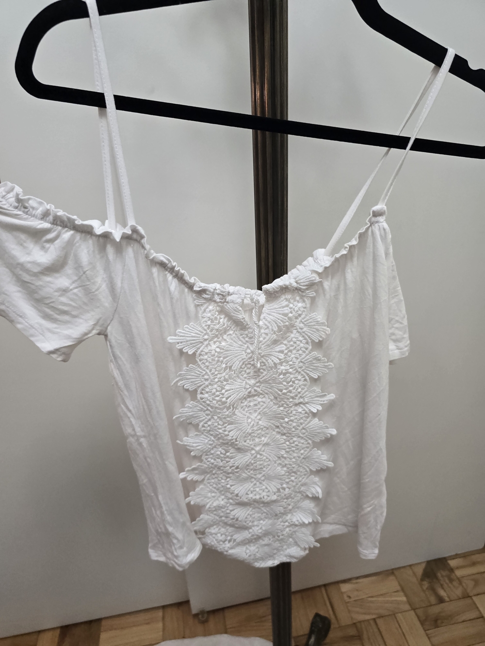 Ultra Flirt White Off-Shoulder Embroidered Spaghetti Strap Top